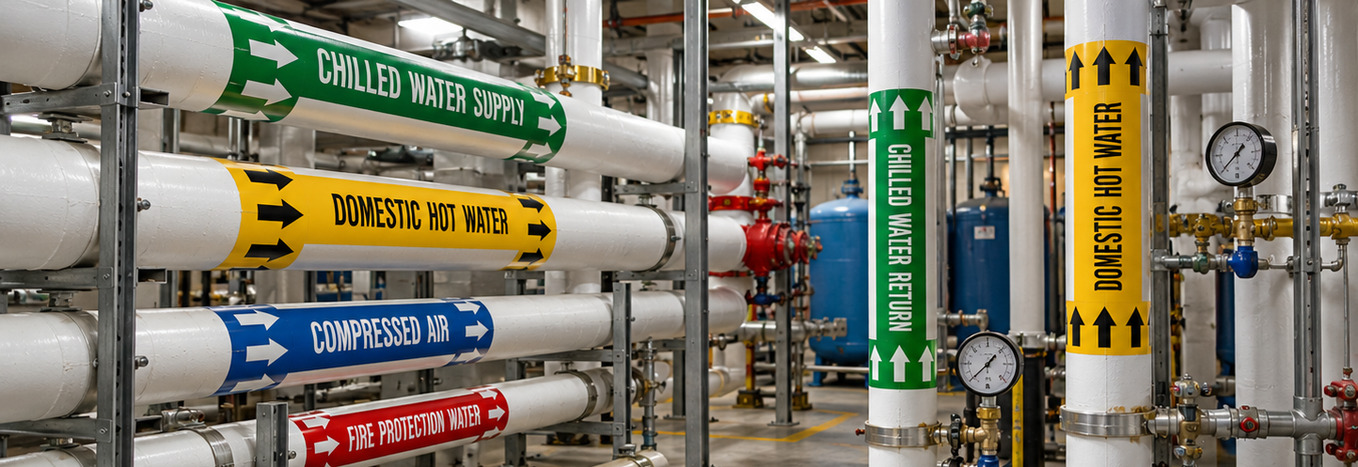 Industrial piping system with color-coded pipe marking labels and directional flow arrows