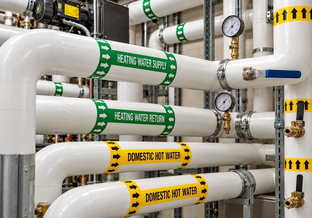 Labeled pipes in a mechanical room with color-coded pipe markers