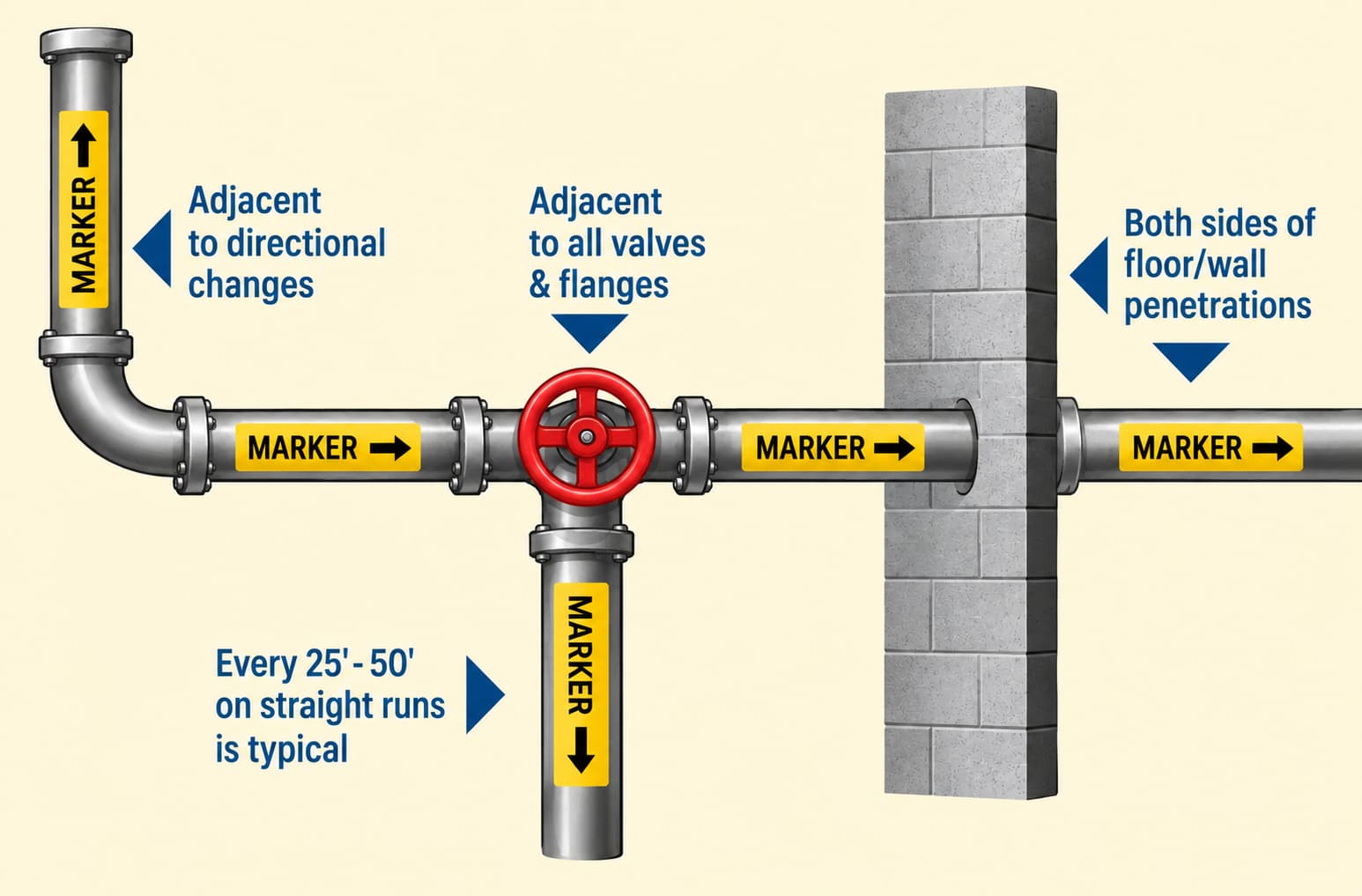 Pipe markers applied at a bend and on both sides of a valve