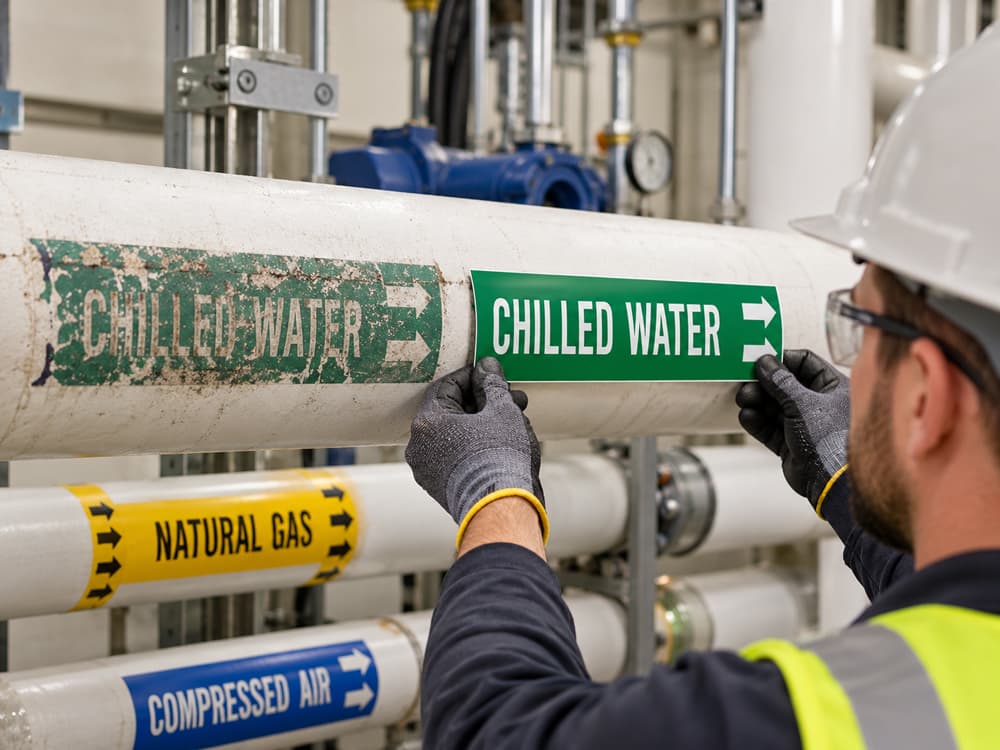 Faded pipe marker being replaced with a new color-coded label