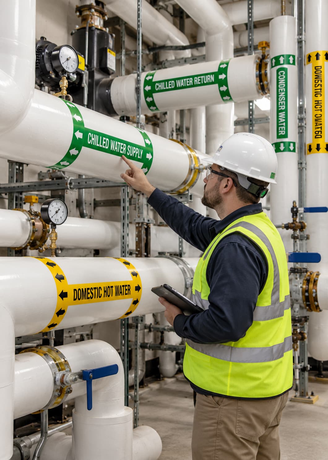 Worker inspecting labeled pipes during a pipe marking audit