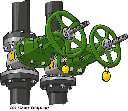 Illustration of industrial gate valves with green handwheels and hanging valve tags on a piping system