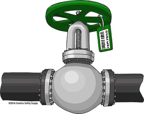 Illustration of an industrial valve with a green handwheel and attached valve tag on a piping system