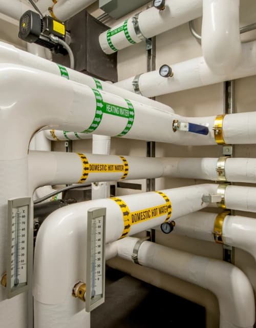 Insulated industrial piping system with heating water and domestic hot water pipe labels in a mechanical room