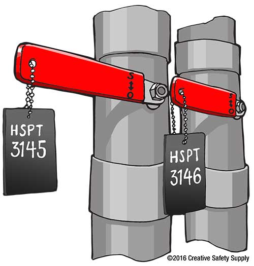 Illustration of industrial valve handles with hanging valve tags displaying identification numbers