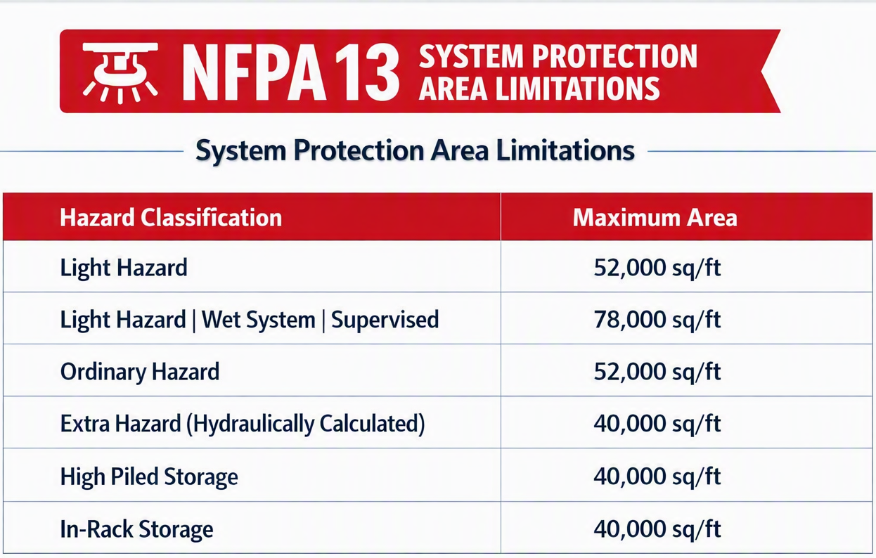 NFPA 13 system protection area limitations by hazard classification, including light, ordinary, extra hazard, and storage areas